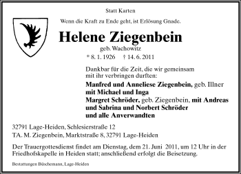 Anzeige  Helene Ziegenbein  Lippische Landes-Zeitung