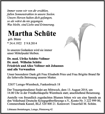 Anzeige  Martha Schüte  Lippische Landes-Zeitung