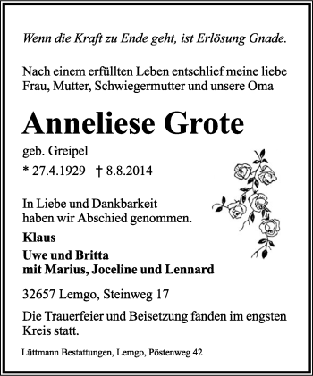 Anzeige  Anneliese Grote  Lippische Landes-Zeitung