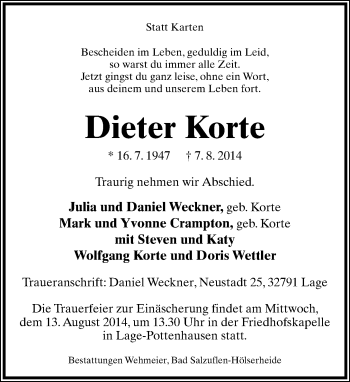Anzeige  Dieter Korte  Lippische Landes-Zeitung