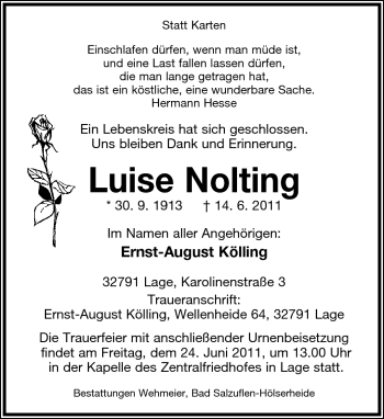 Anzeige  Luise Nolting  Lippische Landes-Zeitung