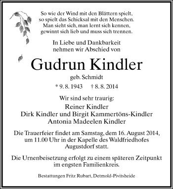 Anzeige  Gudrun Kindler  Lippische Landes-Zeitung