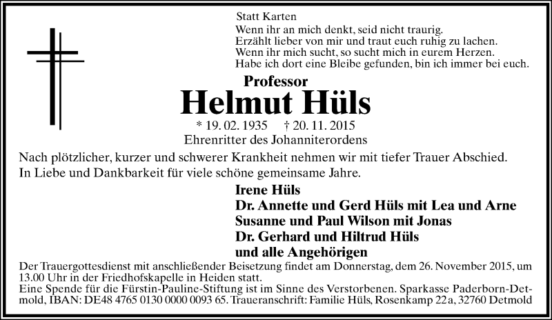  Traueranzeige für Helmut Hüls vom 21.11.2015 aus Lippische Landes-Zeitung
