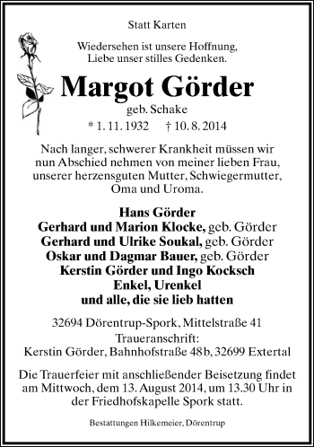 Anzeige  Margot Görder  Lippische Landes-Zeitung