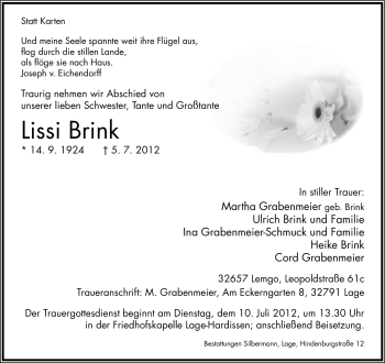 Anzeige  Lissi Brink  Lippische Landes-Zeitung