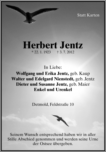 Anzeige  Herbert Jentz  Lippische Landes-Zeitung