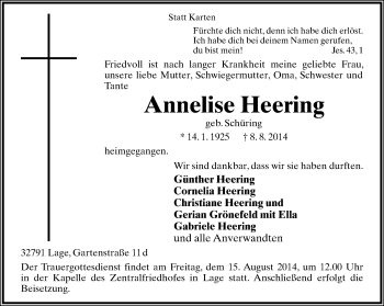 Anzeige  Annelise Heering  Lippische Landes-Zeitung