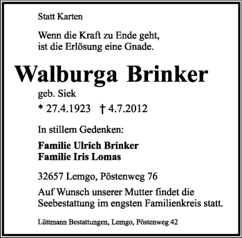 Anzeige  Walburga Brinker  Lippische Landes-Zeitung