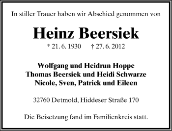 Anzeige  Heinz Beersiek  Lippische Landes-Zeitung