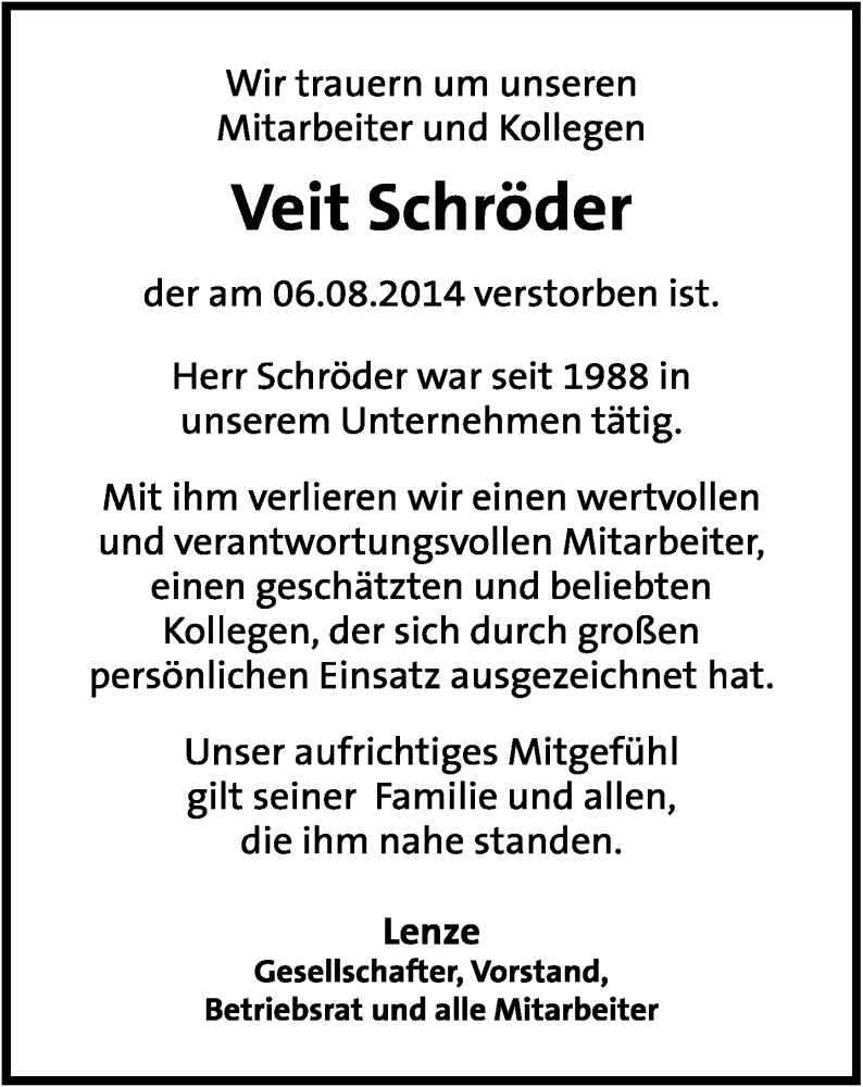  Traueranzeige für Veit Schröder vom 13.08.2014 aus Lippische Landes-Zeitung
