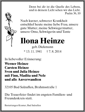 Anzeige  Ilona Heinze  Lippische Landes-Zeitung