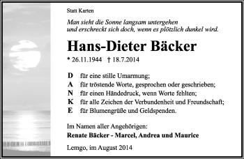 Anzeige  Hans-Dieter Bäcker  Lippische Landes-Zeitung