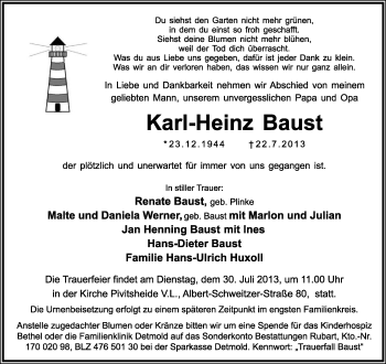 Anzeige  Karl-Heinz Baust  Lippische Landes-Zeitung