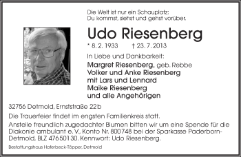 Anzeige  Udo Riesenberg  Lippische Landes-Zeitung