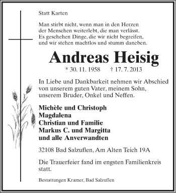 Anzeige  Andreas Heisig  Lippische Landes-Zeitung