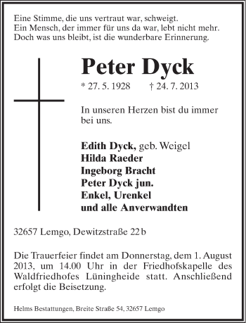 Anzeige  Peter Dyck  Lippische Landes-Zeitung