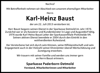 Anzeige  Karl-Heinz Baust  Lippische Landes-Zeitung