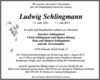 Anzeige  Ludwig Schlingmann  Lippische Landes-Zeitung