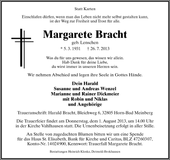 Anzeige  Margarete Bracht  Lippische Landes-Zeitung