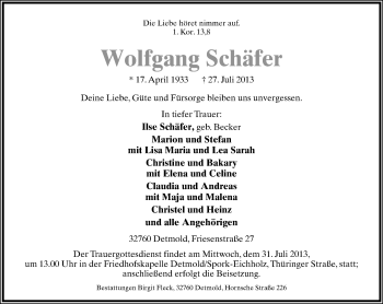 Anzeige  Wolfgang Schäfer  Lippische Landes-Zeitung