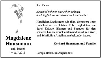 Anzeige  Magdalene Hausmann  Lippische Landes-Zeitung