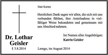 Anzeige  Lothar Geisler  Lippische Landes-Zeitung