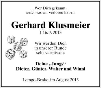 Anzeige  Gerhard Klusmeier  Lippische Landes-Zeitung