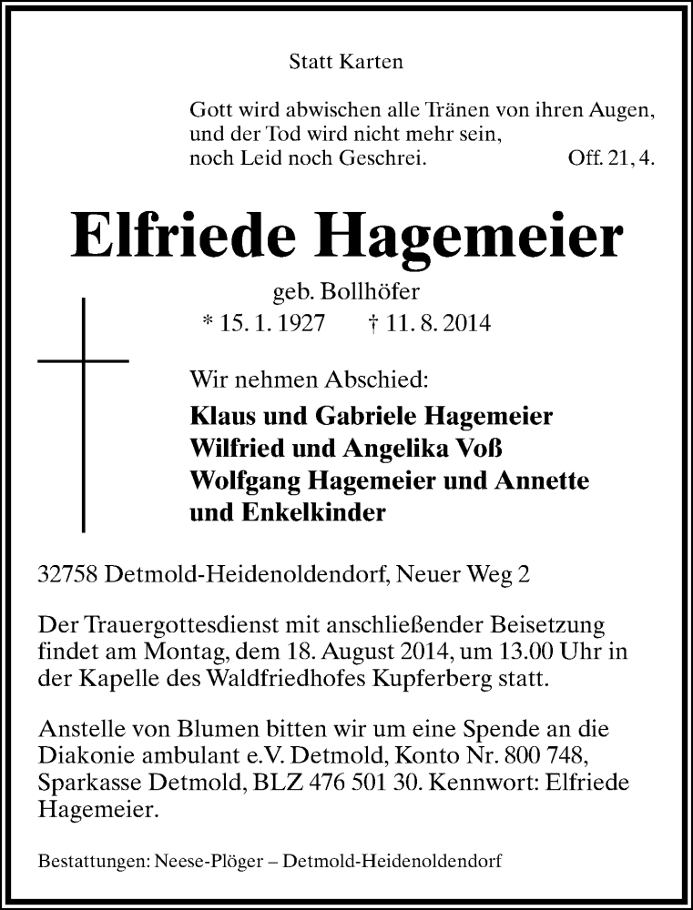  Traueranzeige für Elfriede Hagemeier vom 14.08.2014 aus Lippische Landes-Zeitung