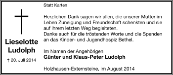 Anzeige  Liselotte Ludolph  Lippische Landes-Zeitung