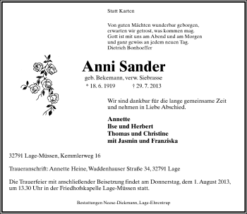 Anzeige  Anni Sander  Lippische Landes-Zeitung
