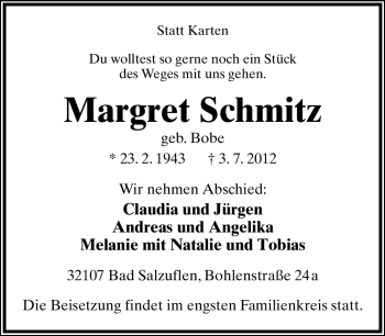 Anzeige  Margret Schmitz  Lippische Landes-Zeitung