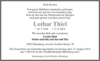 Anzeige  Lothar Thiel  Lippische Landes-Zeitung
