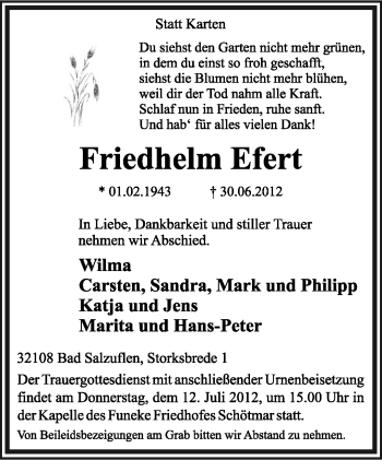 Anzeige  Friedhelm Efert  Lippische Landes-Zeitung