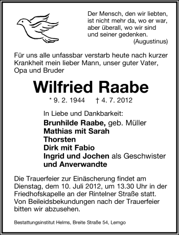 Anzeige  Wilfried Raabe  Lippische Landes-Zeitung