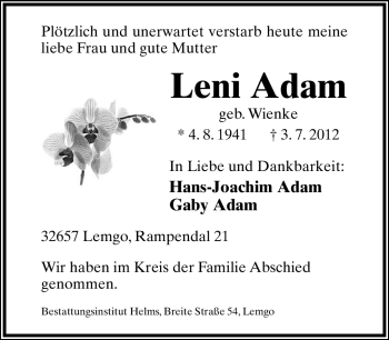 Anzeige  Leni Adam  Lippische Landes-Zeitung