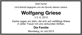 Anzeige  Wolfgang Griese  Lippische Landes-Zeitung