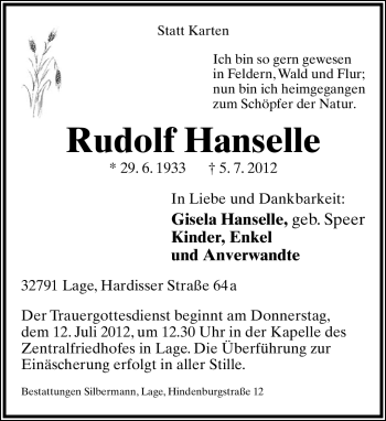 Anzeige  Rudolf Hanselle  Lippische Landes-Zeitung