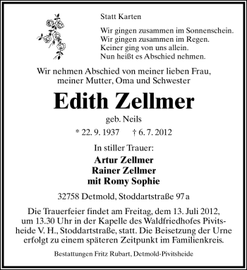 Anzeige  Edith Zellmer  Lippische Landes-Zeitung