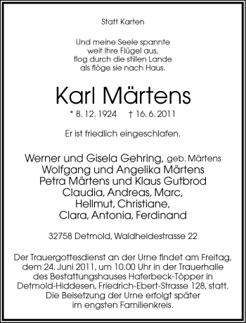 Anzeige  Karl Märtens  Lippische Landes-Zeitung