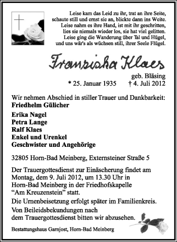 Anzeige  Franziska Klaes  Lippische Landes-Zeitung