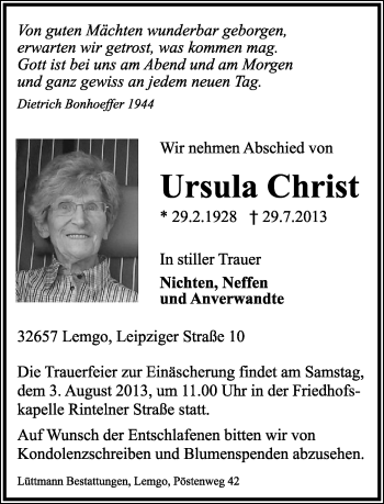 Anzeige  Ursula Christ  Lippische Landes-Zeitung