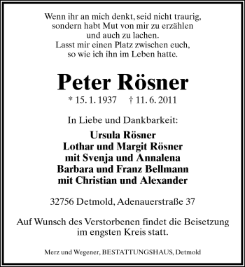 Anzeige  Peter Rösner  Lippische Landes-Zeitung