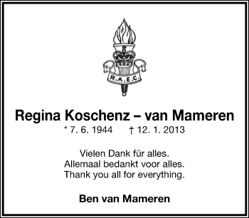 Anzeige  Regina  Koschenz – van Mameren  Lippische Landes-Zeitung