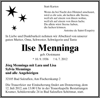 Anzeige  Ilse Menninga  Lippische Landes-Zeitung
