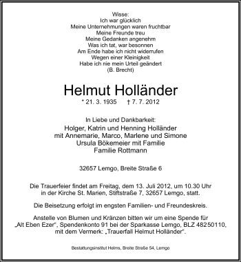 Anzeige  Helmut Holländer  Lippische Landes-Zeitung