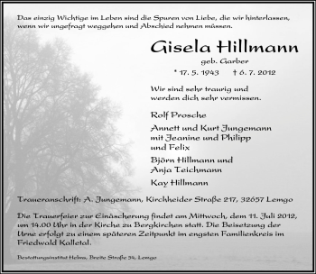 Anzeige  Gisela Hillmann  Lippische Landes-Zeitung