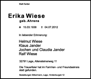 Anzeige  Erika Wiese  Lippische Landes-Zeitung