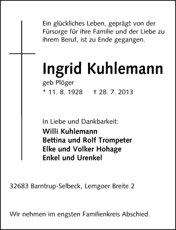 Anzeige  Ingrid Kuhlemann  Lippische Landes-Zeitung