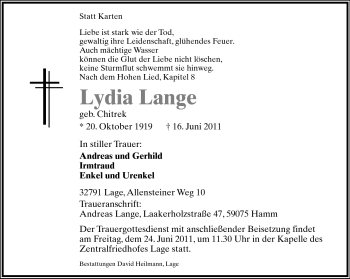 Anzeige  Lydia Lange  Lippische Landes-Zeitung