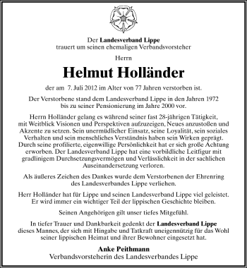 Anzeige  Helmut Holländer  Lippische Landes-Zeitung